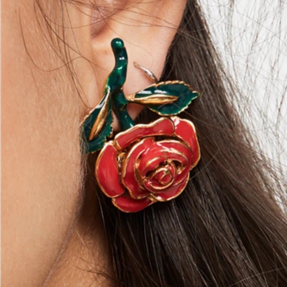 Oscar de la Renta Red and Green Rose Earrings
